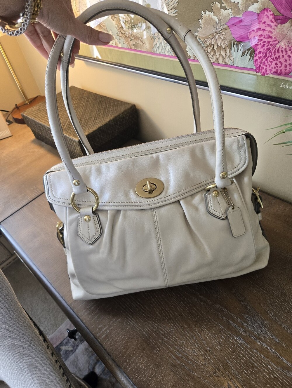 Coach 13505 Cream Leather Large Satchel Shoulder Bag Gold Hardware